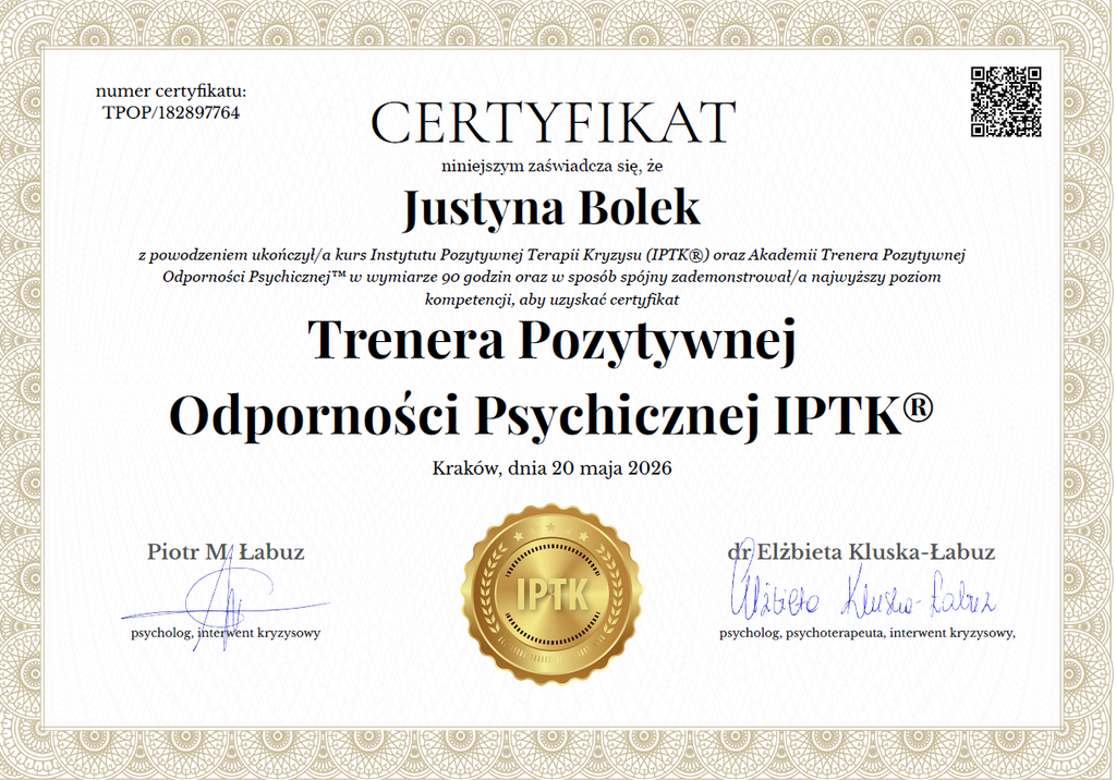 Certyfikat Justyny Bolek: Trenerka Pozytywnej Odporności Psychicznej IPTK