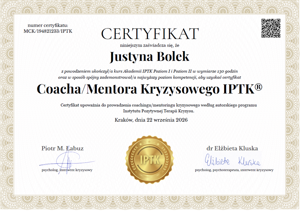 Certyfikat Justyny Bolek: Coach / Mentorka Kryzysowa IPTK